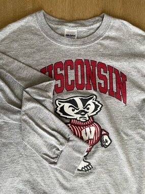 Wisconsin Badgers Grey Crewneck long sleeve tee with Bucky Badger